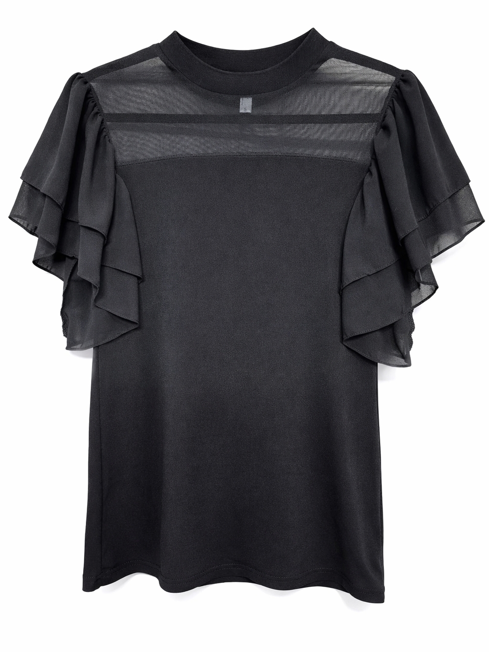 Black Ruffle Sleeve Sheer-Yoke Blouse - Women